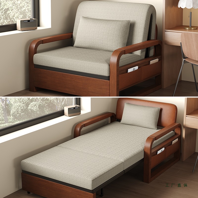 Single Sofa Bed Foldable Dual-Use 2025 New Model Small Apartment Push-Pull Retractable Sofa Dual-Use Integrated Solid Wood Bed
