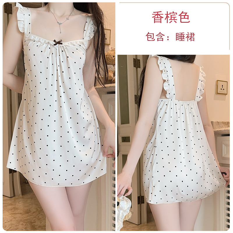 瑰若时尚甜美飞袖深V低胸方领纯欲火辣露背睡裙家居服套装XK5578|undefined