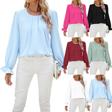 现货亚马逊2024欧美跨境外贸新款纯色圆领长袖宽松雪纺衫上衣女