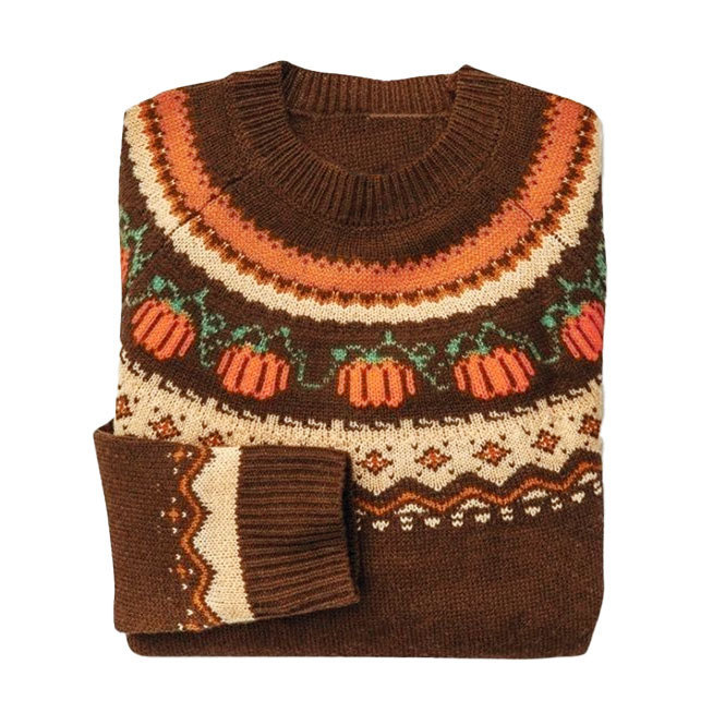 Amazon Export Cross-Border Round Neck Halloween Pumpkin Jacquard Casual Regular Woolen Pullover Top