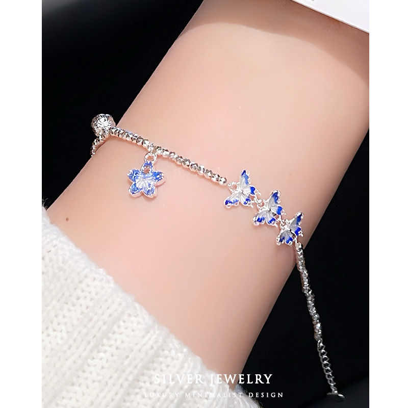999 純銀ブルーエナメル蝶の花ブレスレットフェミニンニッチデザイン中国風ハイエンドブレスレット卸売|undefined