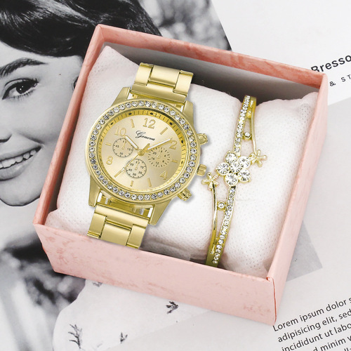 Bracelet set three-eye dial steel band simple women's watch set watch women's two-piece wristwatch