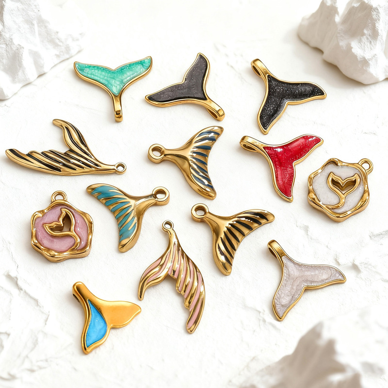 Colorful Oil Dripping Mermaid Tail Pendant Stainless Steel Ocean Style Whale Pendant DIY Bracelet Necklace Jewelry Accessories