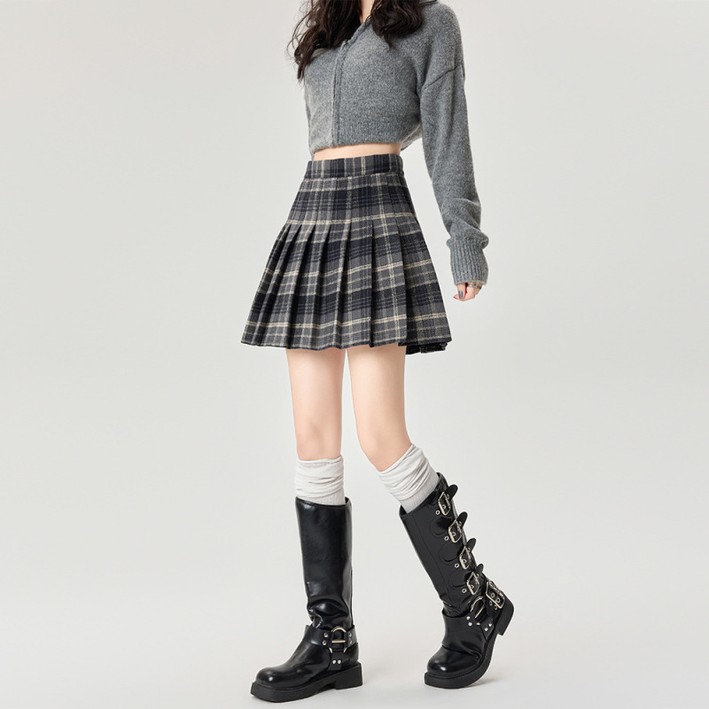 呢子格子半身裙女2025秋冬季复古高腰显瘦百褶裙学院风A字短裙潮|undefined