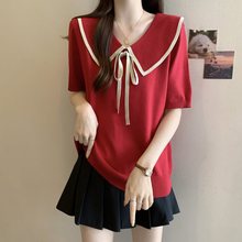 红色娃娃领短袖恤女夏季大码胖显瘦减龄上衣遮肚别致漂亮小衫