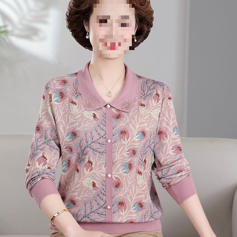 妈妈秋装洋气长袖恤-翻领小衫薄上衣中老年春秋女时尚打底衫