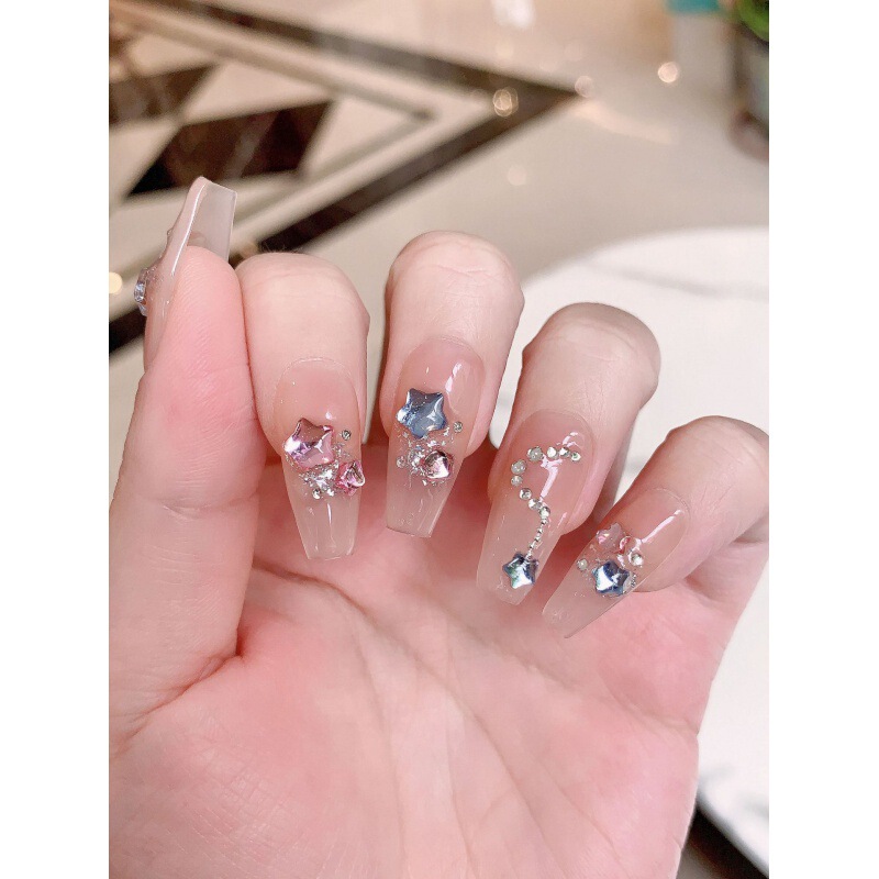 [original Real Shot] Purely Handmade Wearable Nails, Pink and Blue Stars, Full of Diamonds, Sparkling Whitening, Pure Lust Style Manicure Patches