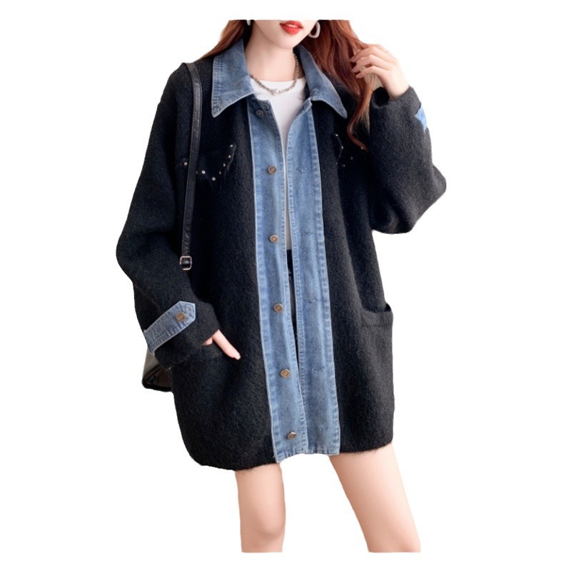 Damenbekleidung Neues Herbst- und Winterdesign, mittellange Pulloverjacke im Denim-Spleißen für Damen, lockerer und modischer Strickjackentrend_voghion.com