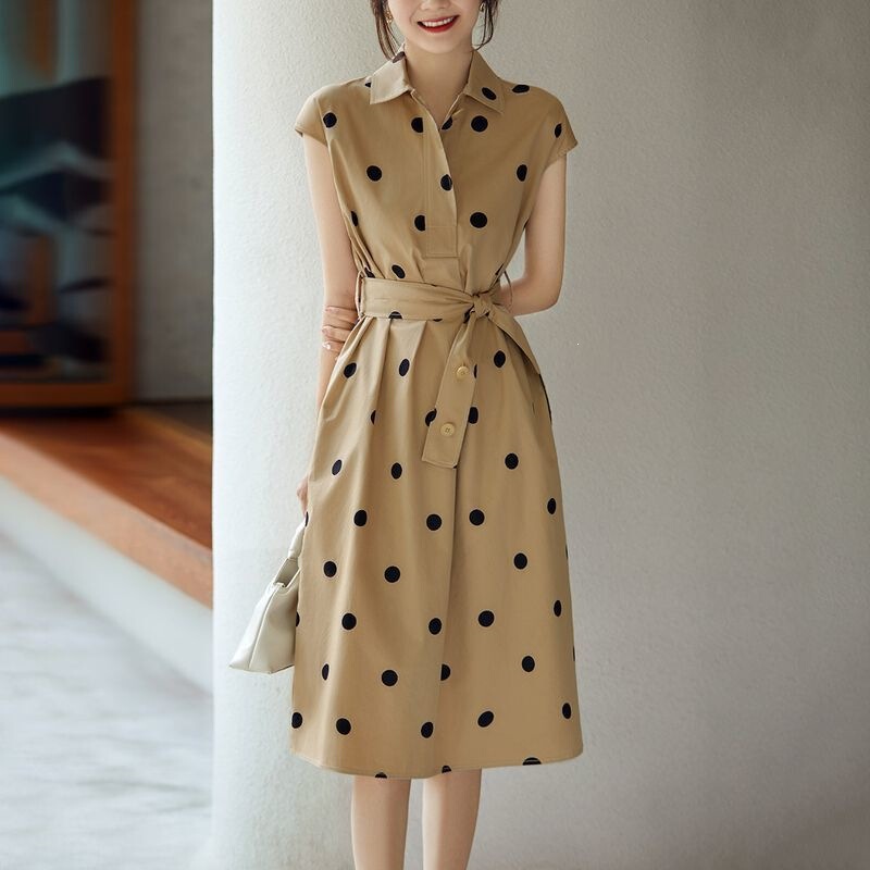 2026 Summer New Style Retro Polka Dot Sleeveless Cotton Slimming Look Polo Collar Shirt Dress for Women