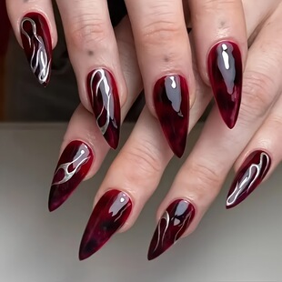 European and American Almond-shaped Dark Wine Red and Silver Flowing Manicure Tablets 24