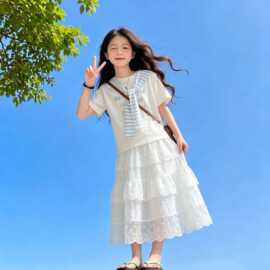 女童学院风套装裙夏季新款中大童披肩短袖T恤休闲时尚裙子两件套