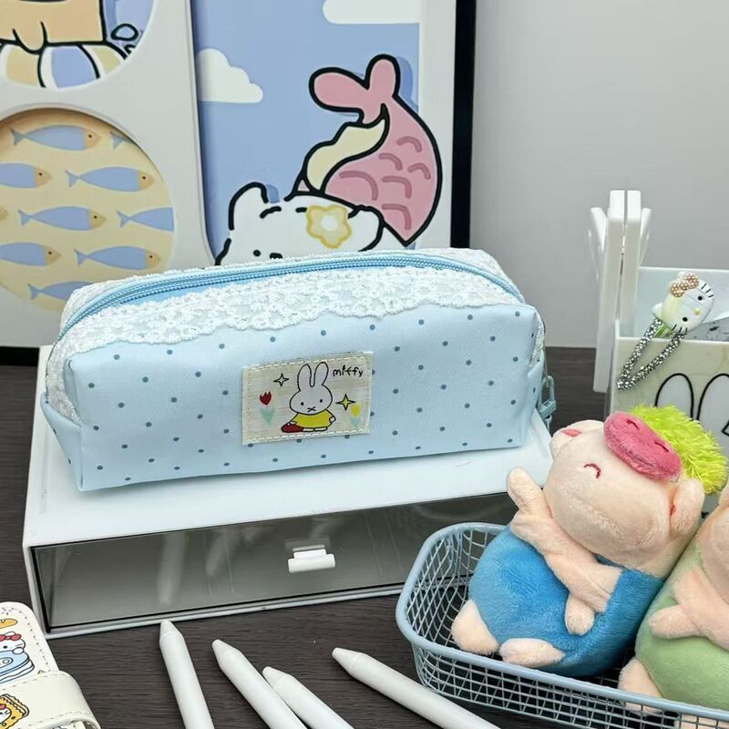 Lace Miffy Rabbit Mint Polka Dot Pencil Case Large Capacity High-Value Cute Simple Ins Style Student Stationery Storage Bag
