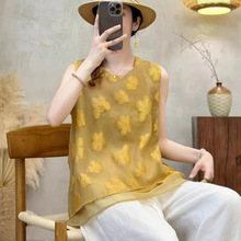 2025夏季新款无袖刺绣花朵后背纽扣圆领上衣宽松百搭背心T恤