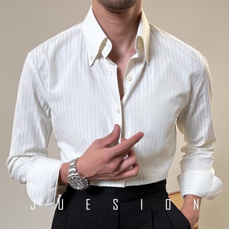 Summer Men's Empire Collar Striped Shirt Commuting Slim Business Casual Fashion Anti-Wrinkle Handsome Long-Axis Shirt for Men