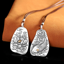 人品银品 足银999.9复古手工錾刻嵌金莲花吊坠时尚女小众个性颈饰