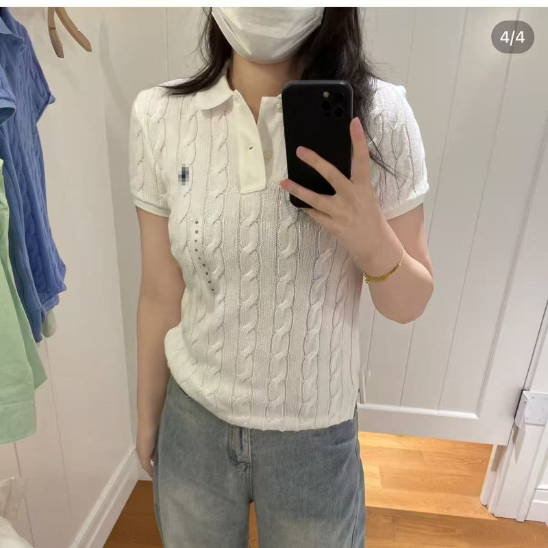 26 Spring/Summer Women's Polo Collar Short Sleeve Cable Knit Slim Fit Sweater with Pony Embroidery