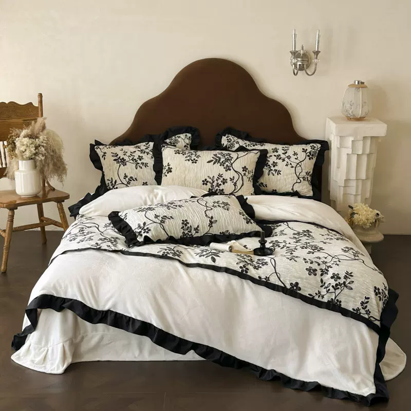 中古法式花边绒套件加厚牛奶绒保暖床上四件套被套床单冬天加绒