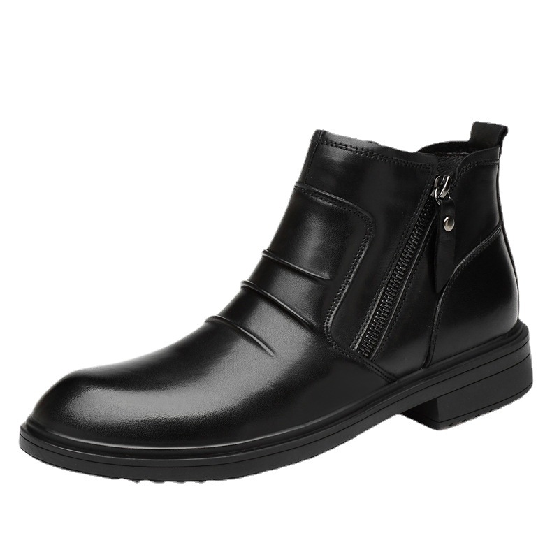 Mittelhohe Lederschuhe, lässige kurze Stiefel, Lederstiefel mit seitlichem Reißverschluss, warme Schneestiefel_voghion.com