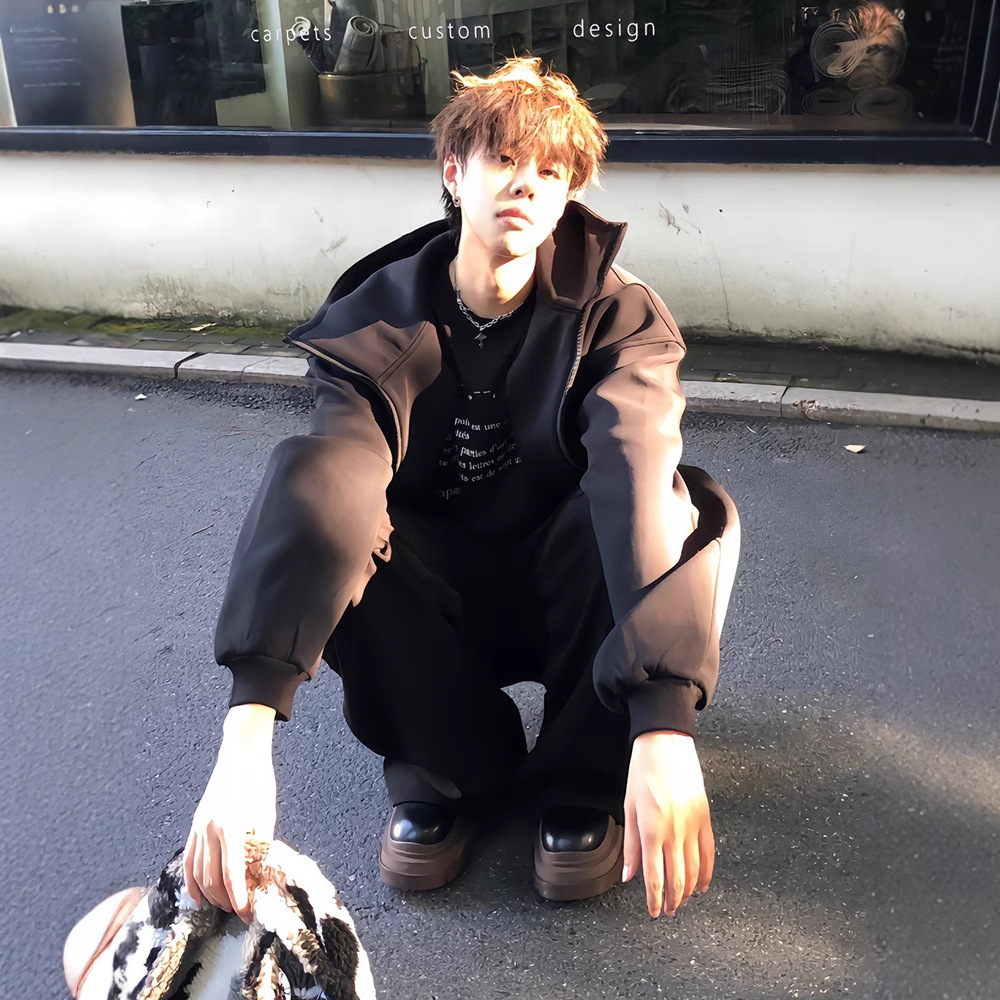 Black high neck hooded cardigan sweatshirt for men, autumn and winter, with plush heavy weight, stiff and thick jacket_voghion.com