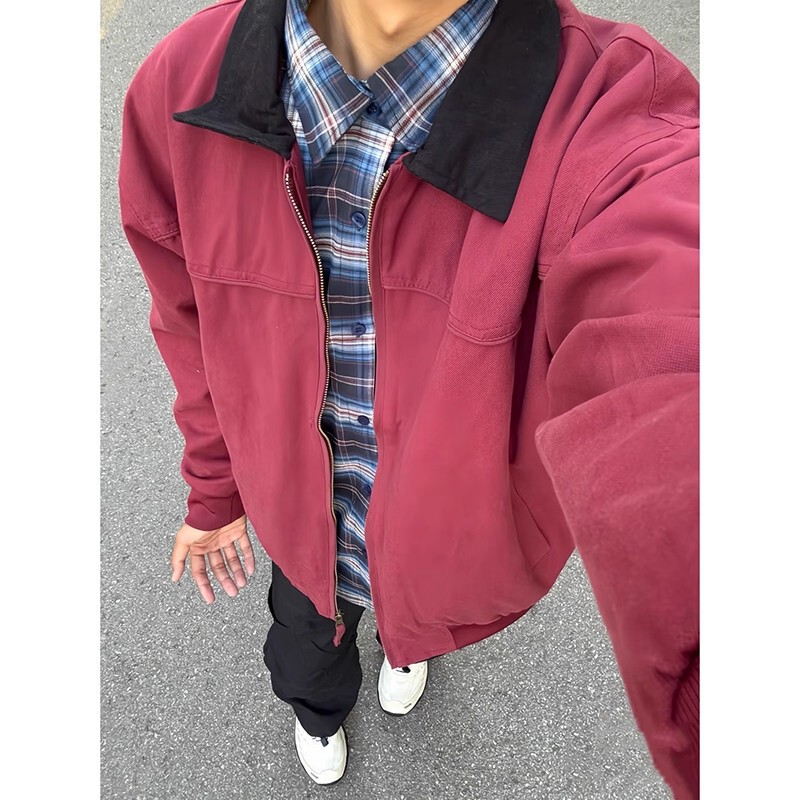 Berry Red Short Jacket Men's Spring & Fall Trendy Brand Pilot American Top Vintage Detroit Work Jacket