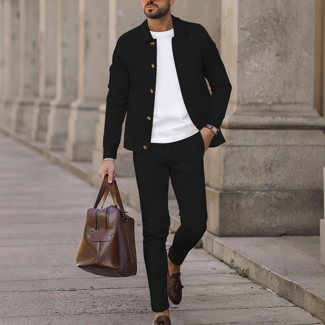 Herren-Set aus Waffelstrickpullover und Jogginghose mit Knopfleiste – Thermo-Lounge-Set in Unifarbe für den Winter, atmungsaktives Polyester-Zweiteiler-Outfit für die Freizeit_voghion.com