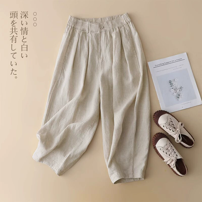 2025 Летний литературный лен свободный девятиочковый папа брюки женские ретро сплошной хлопок конопля тонкие брюки повседневные брюки