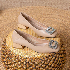 真皮瑪麗珍單鞋女2023新款淺口低幫粗跟女鞋低跟高跟鞋秋季鞋子