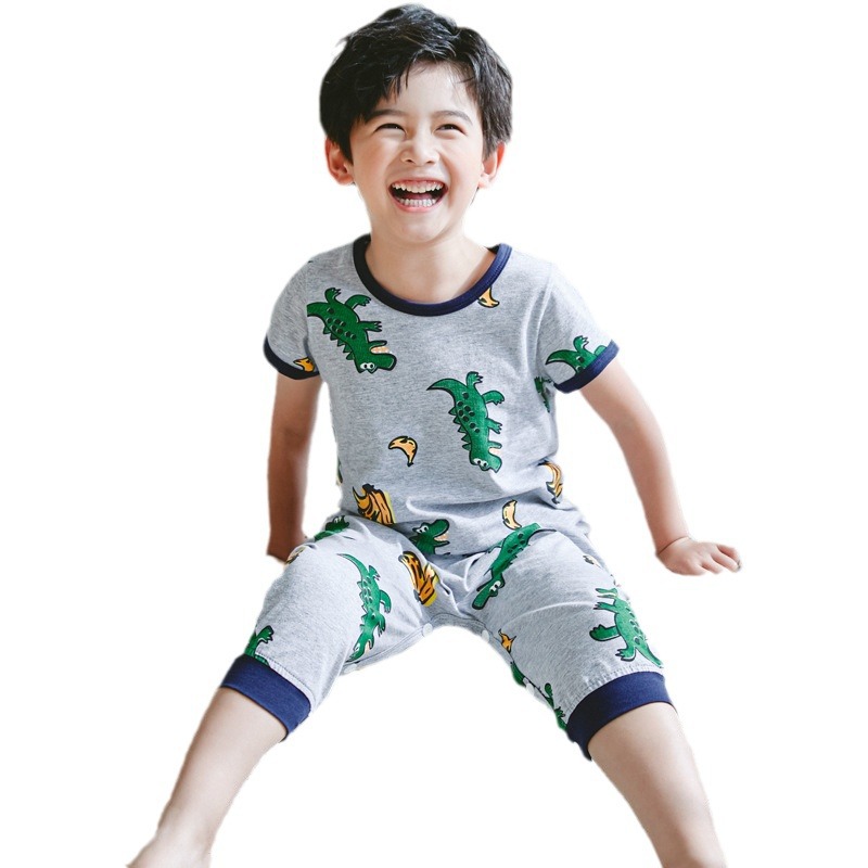(2개) SANGBAOMAI 어린이 원바디 파자마 반팔 여름 신제품 소년 파자마 안티 킥 냉간 에어컨 의류 면화