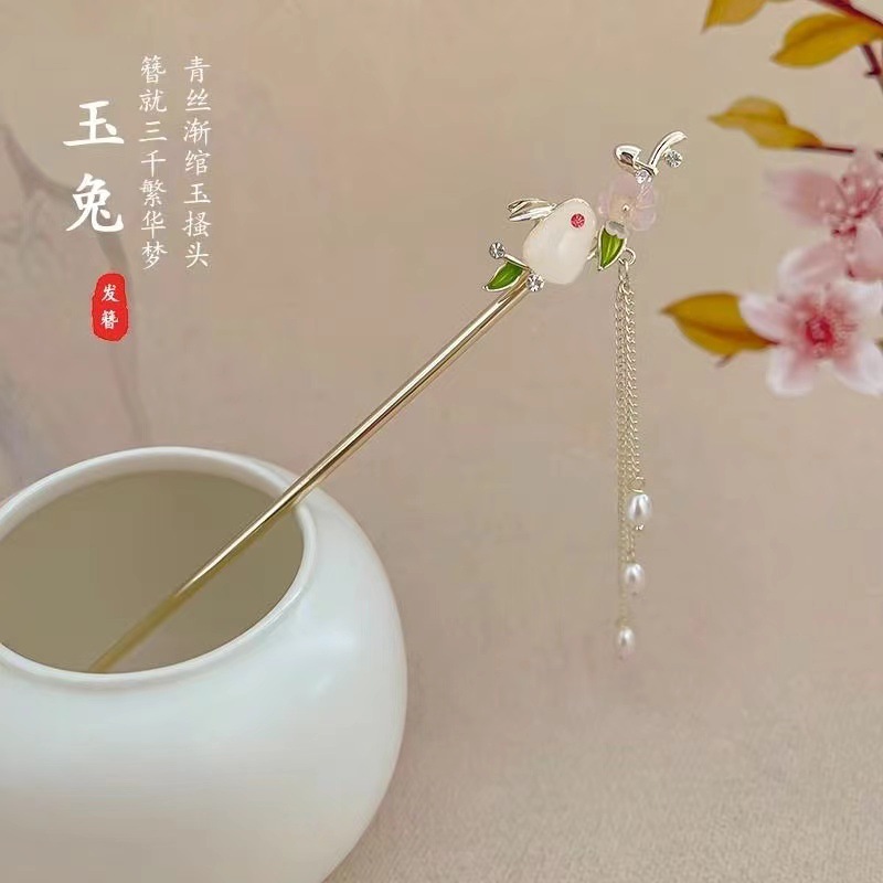 Jade conejo pinzas de cabello mujeres estilo antiguo tocado de ropa de estilo chino pasos de rotación Su jade pinzas de perlas niños lindos cheongsam nuevo pinzas de estilo chino