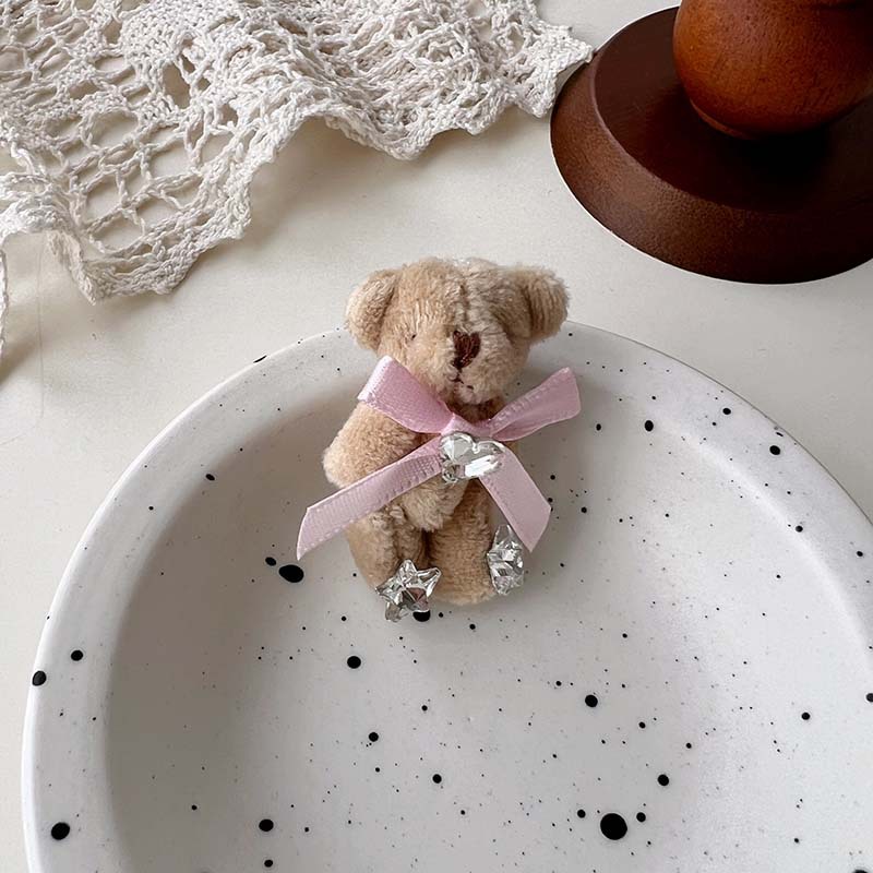 Ours et petit lapin ~ Broche mignonne en forme de cœur avec nœud papillon et strass, version coréenne_voghion.com