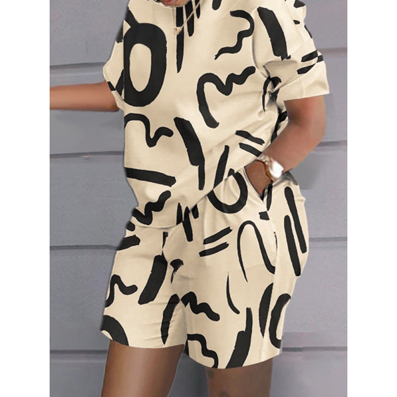 European and American Fashion Spring and Summer Popular Cross-Border Independent Station Amazon Aliexpress Short-Sleeved Two-Piece Printed Commuter Suit
