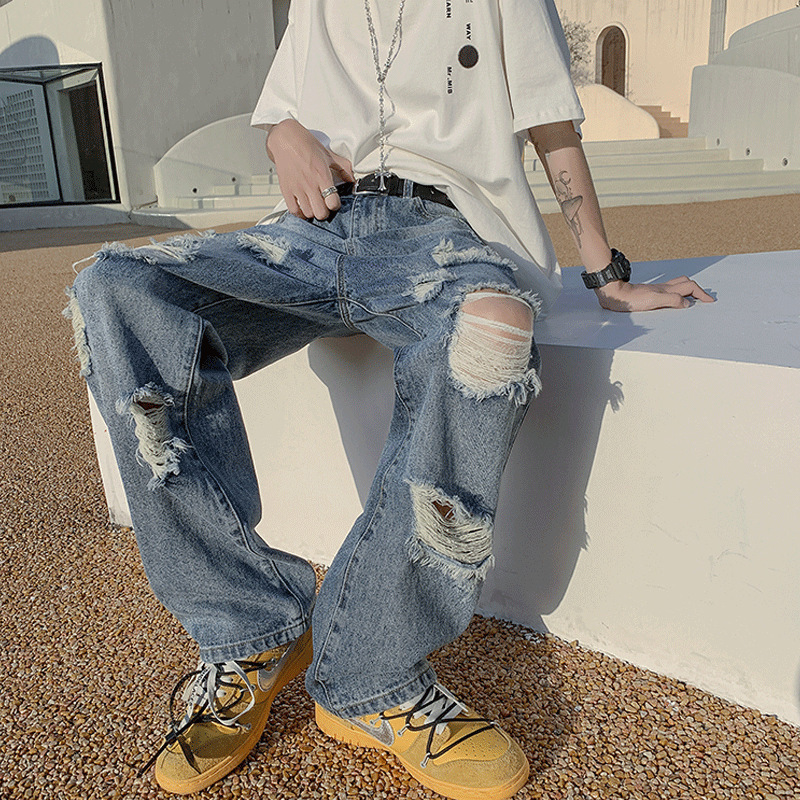 Ripped Jeans Men's Summer Ins High Street Loose Beggar Wide Leg Pants Design Niche Trendy Brand Straight Pants