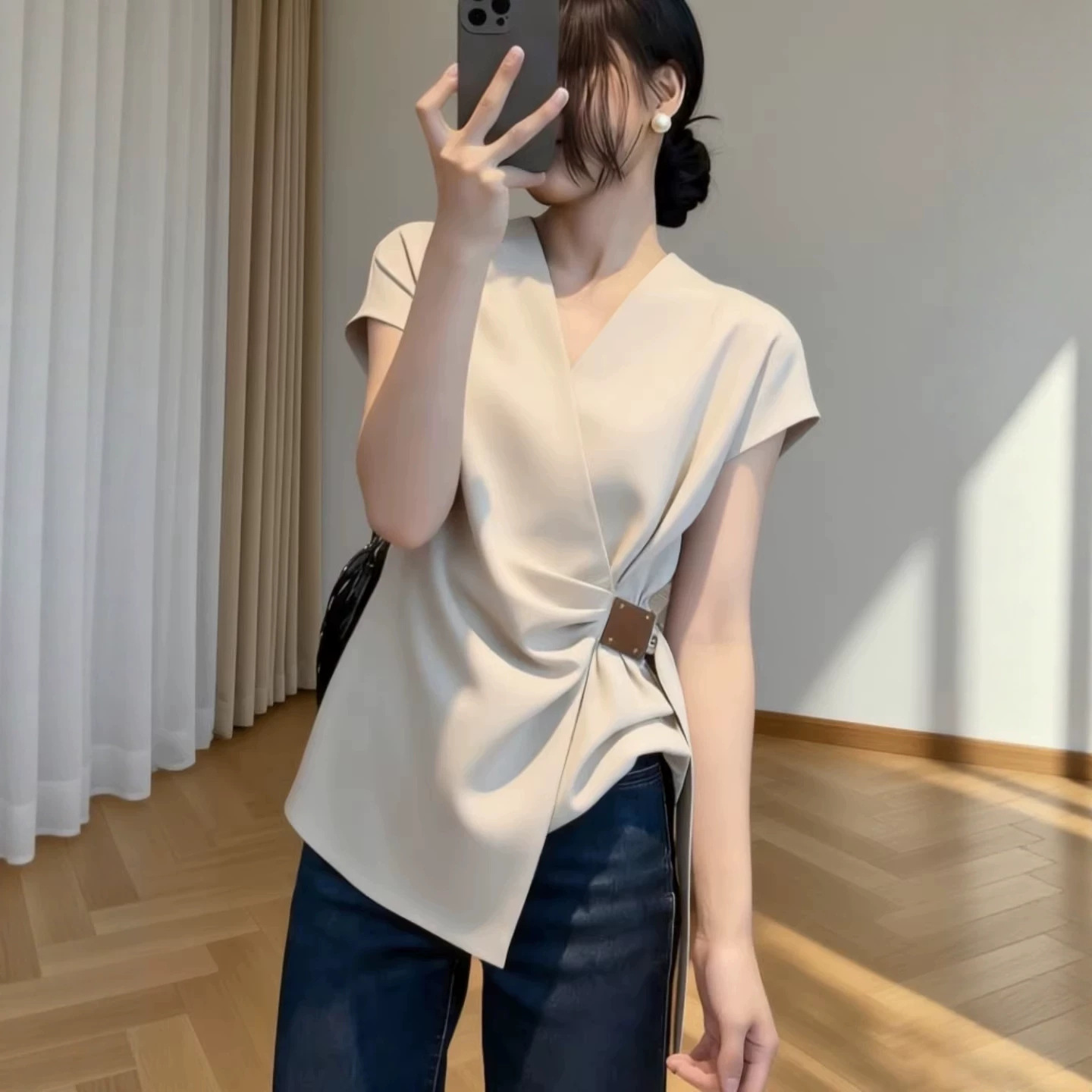 Áo thun ngắn tay cổ chữ V phong cách Pháp, thiết kế thắt eo tôn dáng — màu mơ chi tiết 3