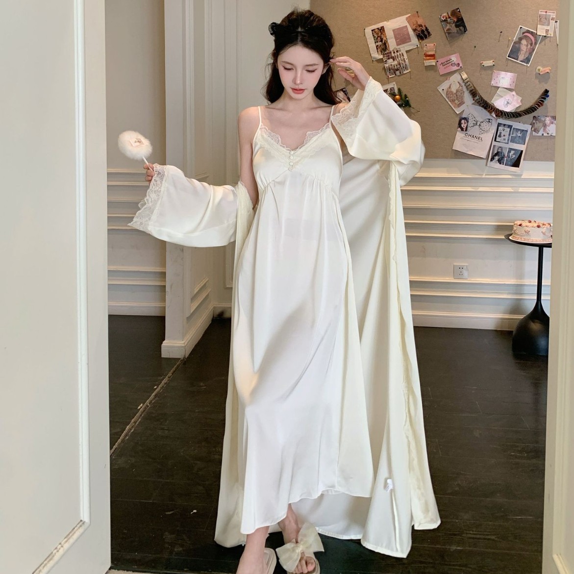 Pajamas Ice Silk Women's Spring New Sling Nightgown Long-sleeved Nightgown Two-piece Set Sexy Imitation Silk Pajamas Exlongation
