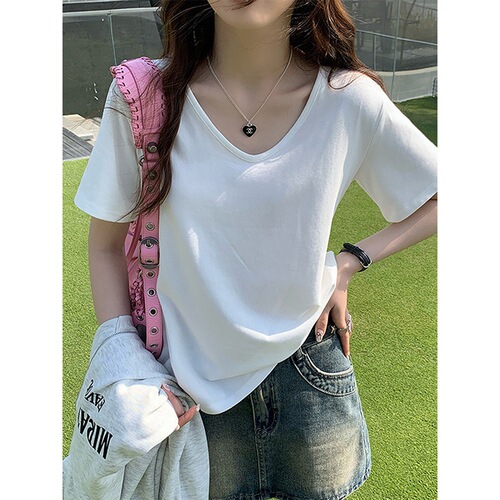 White U-neck shoulder short-sleeved t-shirt women's summer 2025 new loose solid color bottomed shirt with hot girl top inside
