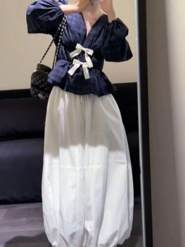早秋新款韩系穿搭蝴蝶结收腰格纹长袖上衣气质高腰花苞半身裙|undefined