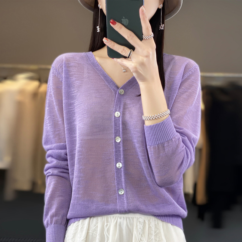 2023 Spring and Summer Ice Silk Long Sleeve Knitted Cardigan Women's Loose Jacket Solid Color V Neck Thin Air Conditioning Shirt
