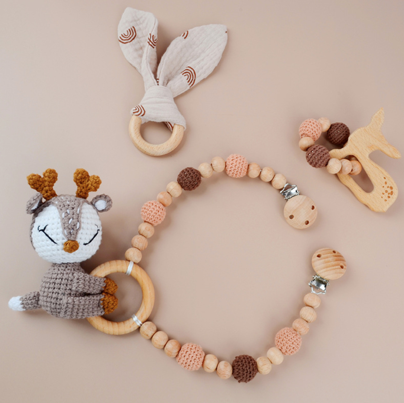 Bebé de punto muñeca animal lana ganchillo anti-caída cadena juguete cochecito puede roer colgante de ganchillo