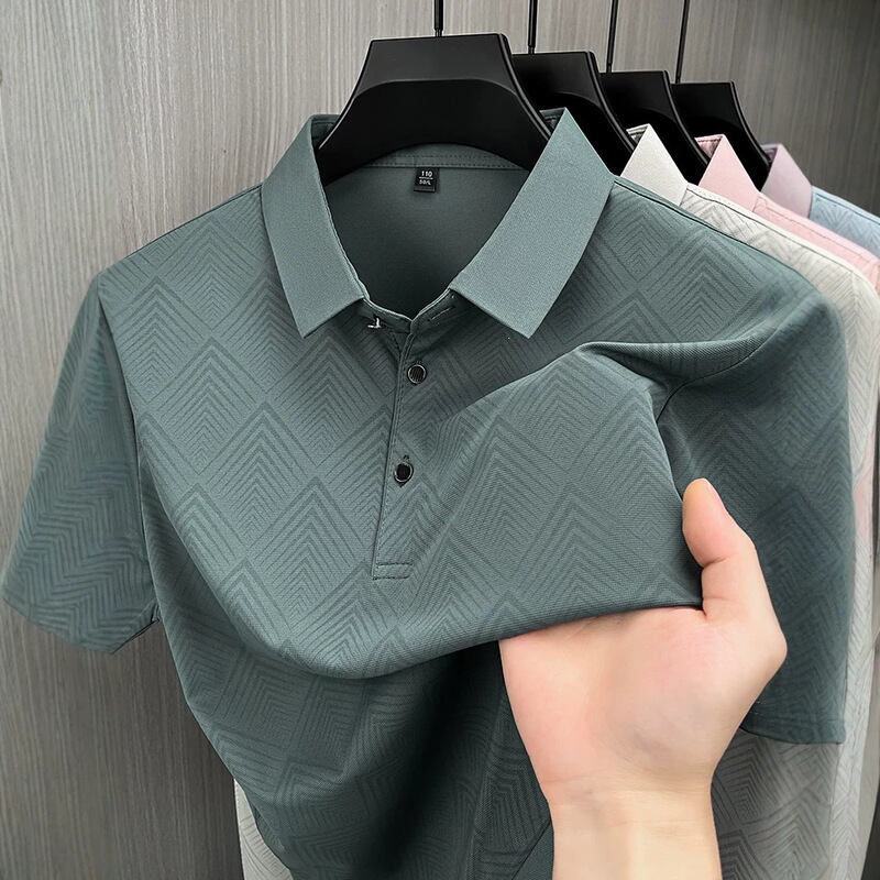 Summer New Style Printed Ice Silk Short-Sleeved T-Shirt for Men with Lapels, Middle-Aged Dad Wear, Loose Casual Half-Sleeved Polo Shirt