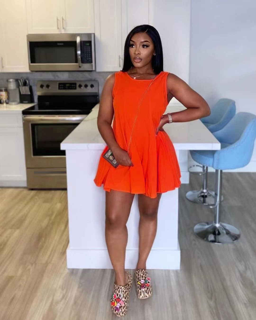Women Clothing for Spring Summer Solid Color Round Neck Sleeveless Pocket Mini Dress