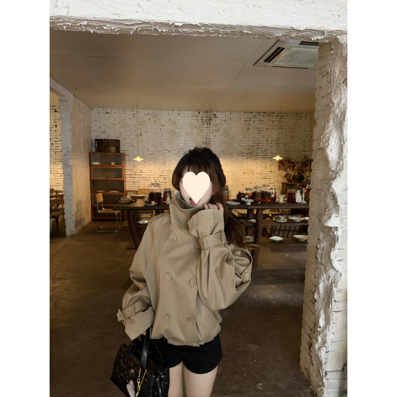 新款韩系立领短款风衣女早秋宽松工装风外套小个子百搭卡其色夹克