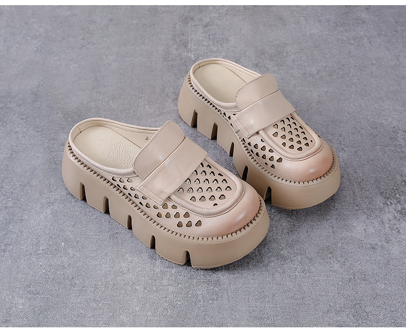 Sandal nữ đế dày da bò thật, mũi bít lỗ, gót thấp đi hè — Màu nâu chi tiết 13