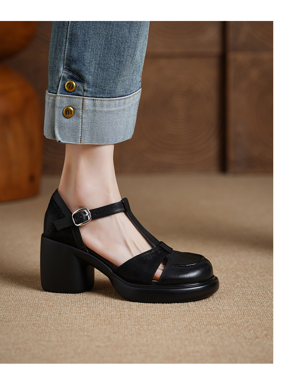 Sandal nữ cao gót mũi nhọn quai chữ T da bò, gót 8 cm — đen chi tiết 8