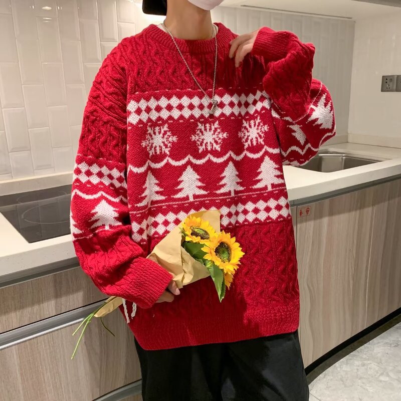Japanese Style Retro Rhomboid Twist Christmas Red Sweater for Men Couple Winter Lazy Style Pullover Sweater Top Japanese Style Retro Rhomboid Twist Christmas Red Sweater for Men Couple Winter Lazy Style Pullover Sweater Top