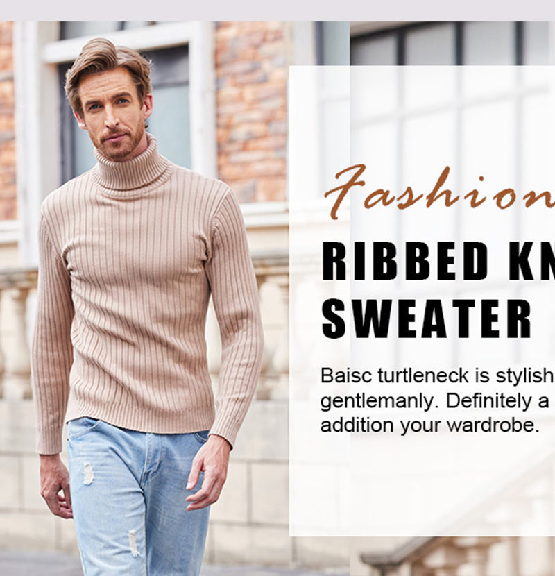 Men's Striped High Neck Sweater Slim Fit Warm Knit Pullover_voghion.com