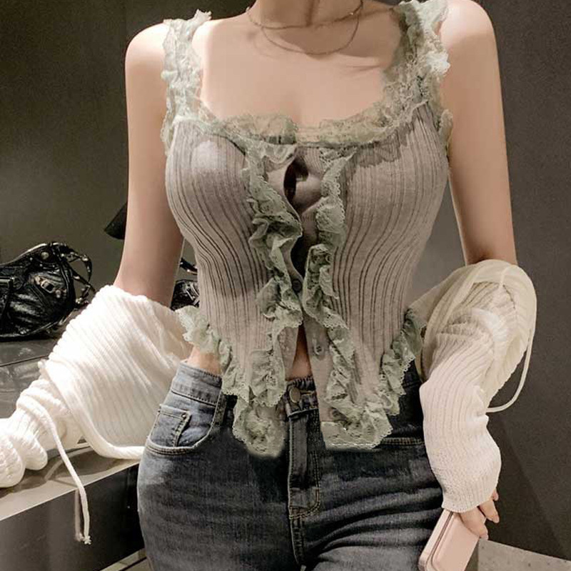 South Korea Dongdaemun New Pure Spice Girl ~ Sexy Feminine Lace Knitted Strap Top le