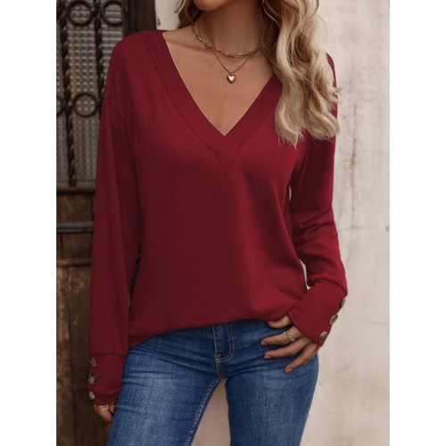 2025 European and American Cross-border Foreign Trade Women's Amazon Autumn/Winter New Pure Color V-neck Loose Long-sleeved Button-up Top