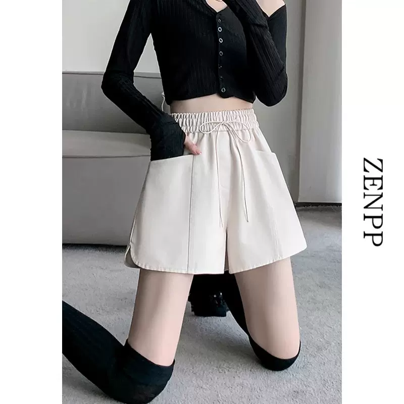 白色pu皮裤短裤女秋冬高腰a字裤小个子裤子冬季外穿靴裤2025新款