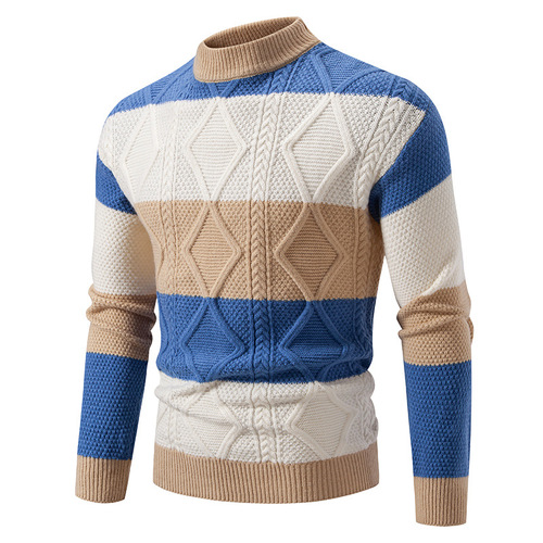 Men's Autumn/Winter Fashion Plaid Interlock Knit Sweater, Loose Hoodless Knitted Crew Neck Woolen Sweater