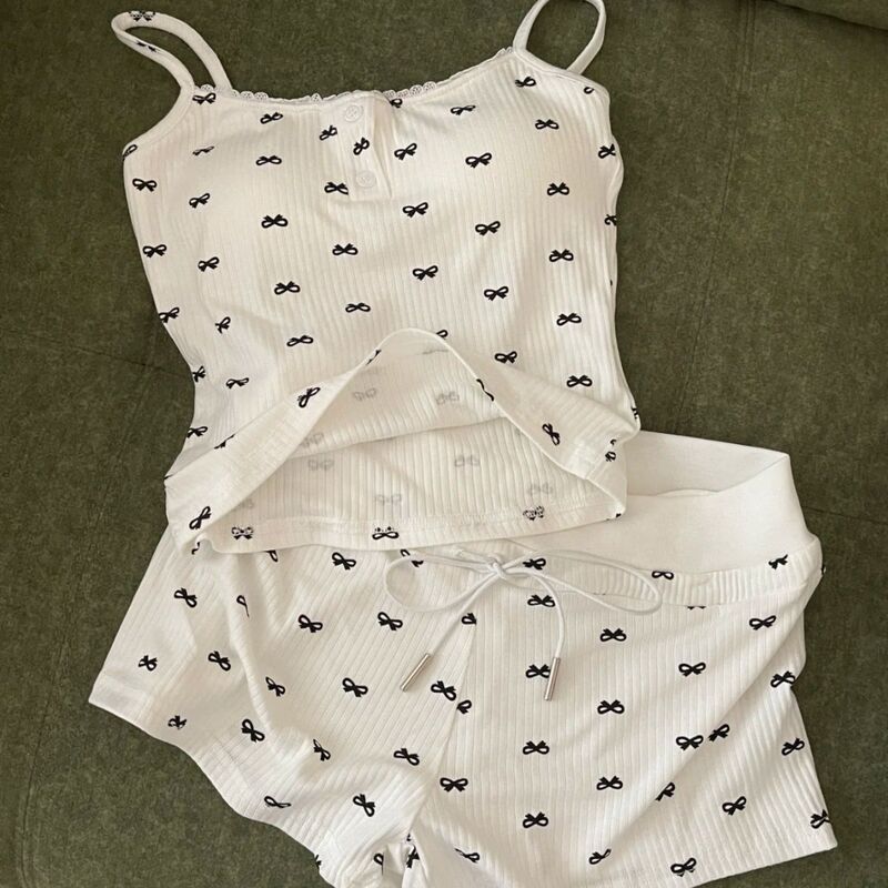 Bow Sling Pajamas Women's Thin Summer Cute Girl's Vest Shorts with Chest Pad Home Clothes Two-piece Set